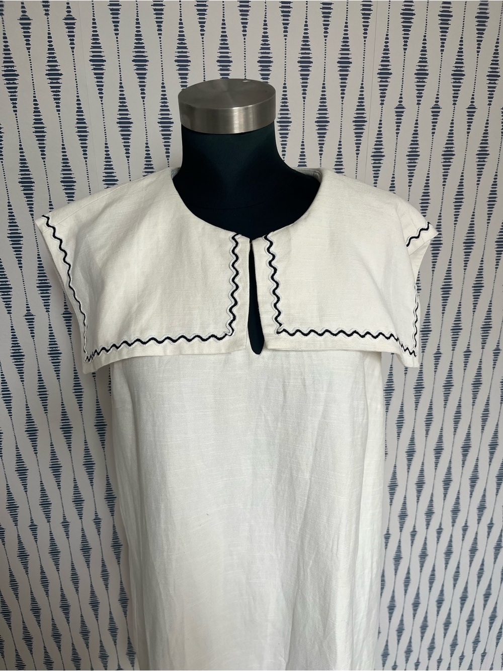 English Factory ivory White Sailor Collar Linen Blend Shift Mini Dress Nautical - Picture 2 of 10